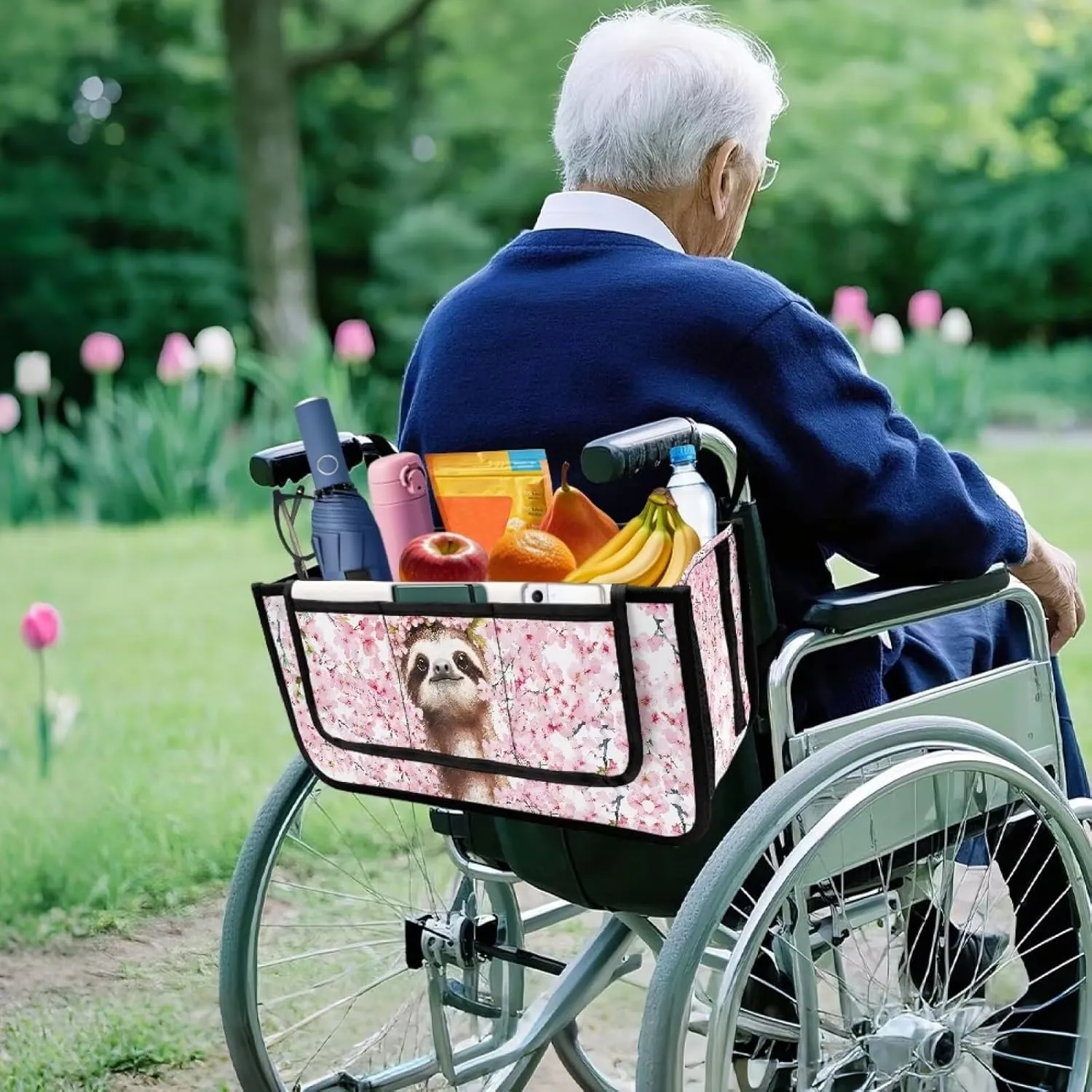 Sloth Cherry Blossom Rollator Seat Bag Butterfly Hands-Free Storage Basket Large Walker Bag for Four Wheel Rollator Universal Fit for Walkers Scooters or Rollator Walkers