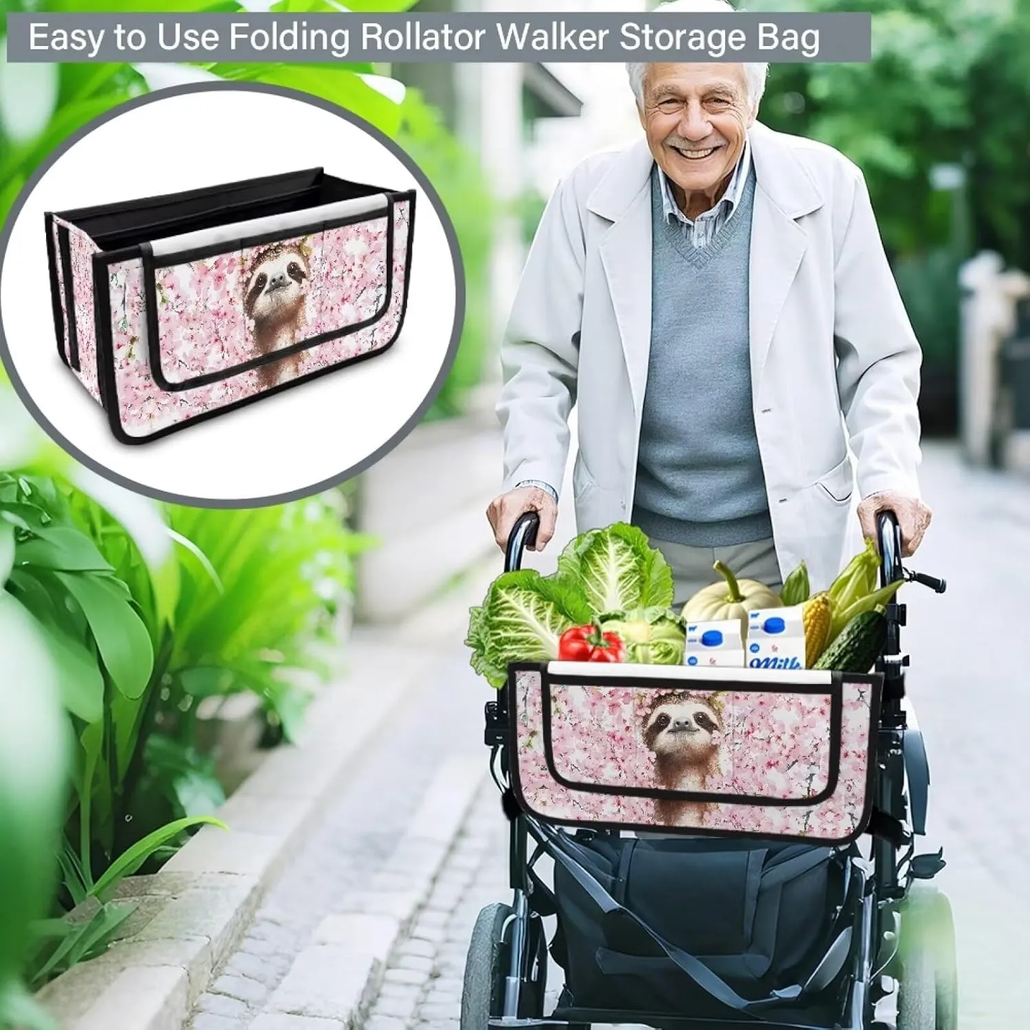 Sloth Cherry Blossom Rollator Seat Bag Butterfly Hands-Free Storage Basket Large Walker Bag for Four Wheel Rollator Universal Fit for Walkers Scooters or Rollator Walkers