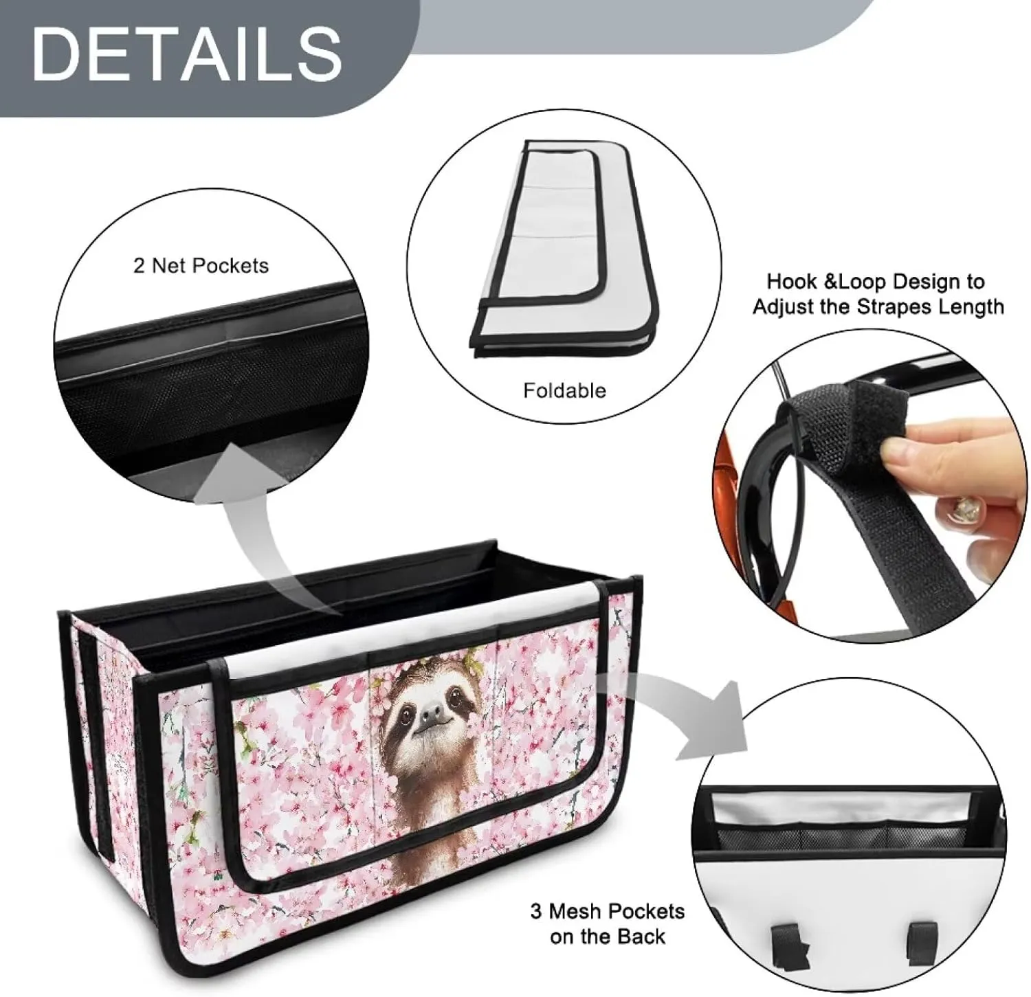 Sloth Cherry Blossom Rollator Seat Bag Butterfly Hands-Free Storage Basket Large Walker Bag for Four Wheel Rollator Universal Fit for Walkers Scooters or Rollator Walkers