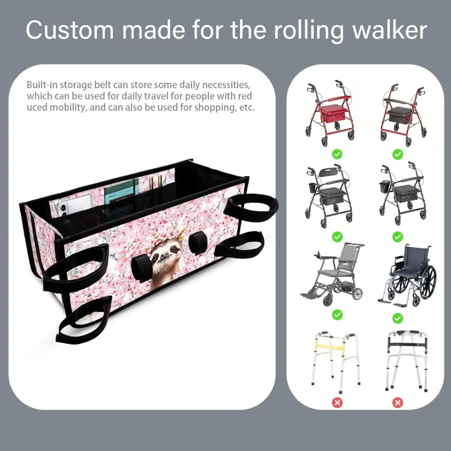 Sloth Cherry Blossom Rollator Seat Bag Butterfly Hands-Free Storage Basket Large Walker Bag for Four Wheel Rollator Universal Fit for Walkers Scooters or Rollator Walkers