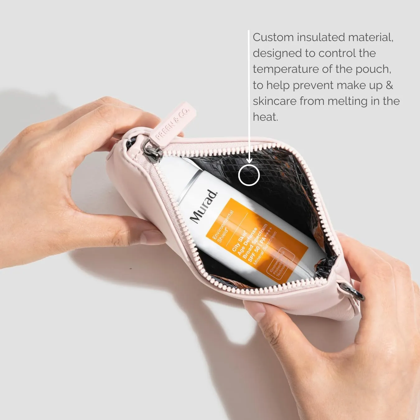 Small, slim heat-resistant makeup beauty pouch for purse. Insulated cosmetic pouch helps protect makeup from melting, spoiling and expiring quickly. Makeup bag for car (Pouch, Nude Pink Pouch)