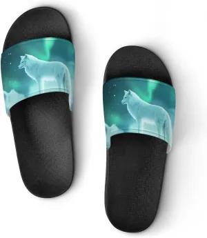 Snow Wolf with Aurora Borealis Shower Shoes Slippers PVC Non-Slip Home for Bathroom Beach Indoor Outdoor