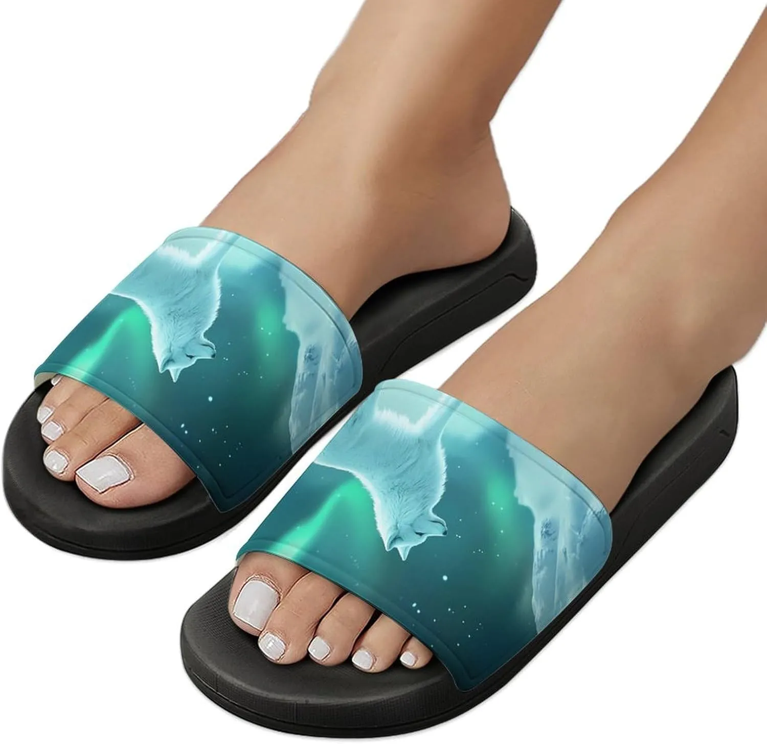 Snow Wolf with Aurora Borealis Shower Shoes Slippers PVC Non-Slip Home for Bathroom Beach Indoor Outdoor