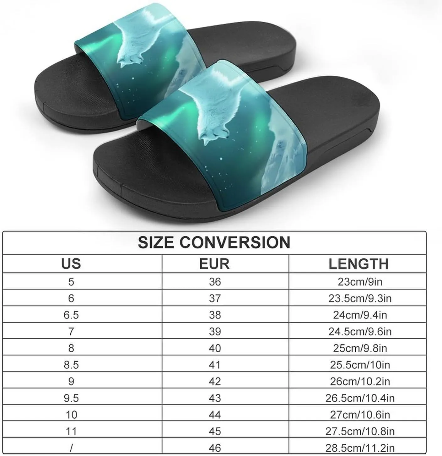 Snow Wolf with Aurora Borealis Shower Shoes Slippers PVC Non-Slip Home for Bathroom Beach Indoor Outdoor