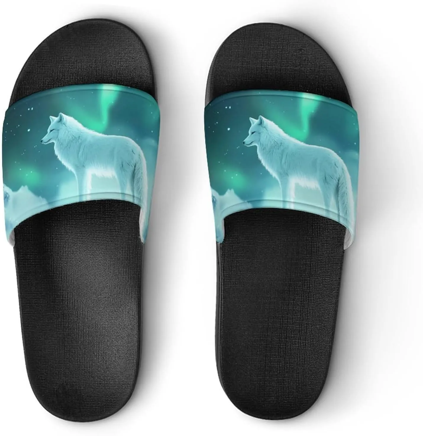 Snow Wolf with Aurora Borealis Shower Shoes Slippers PVC Non-Slip Home for Bathroom Beach Indoor Outdoor