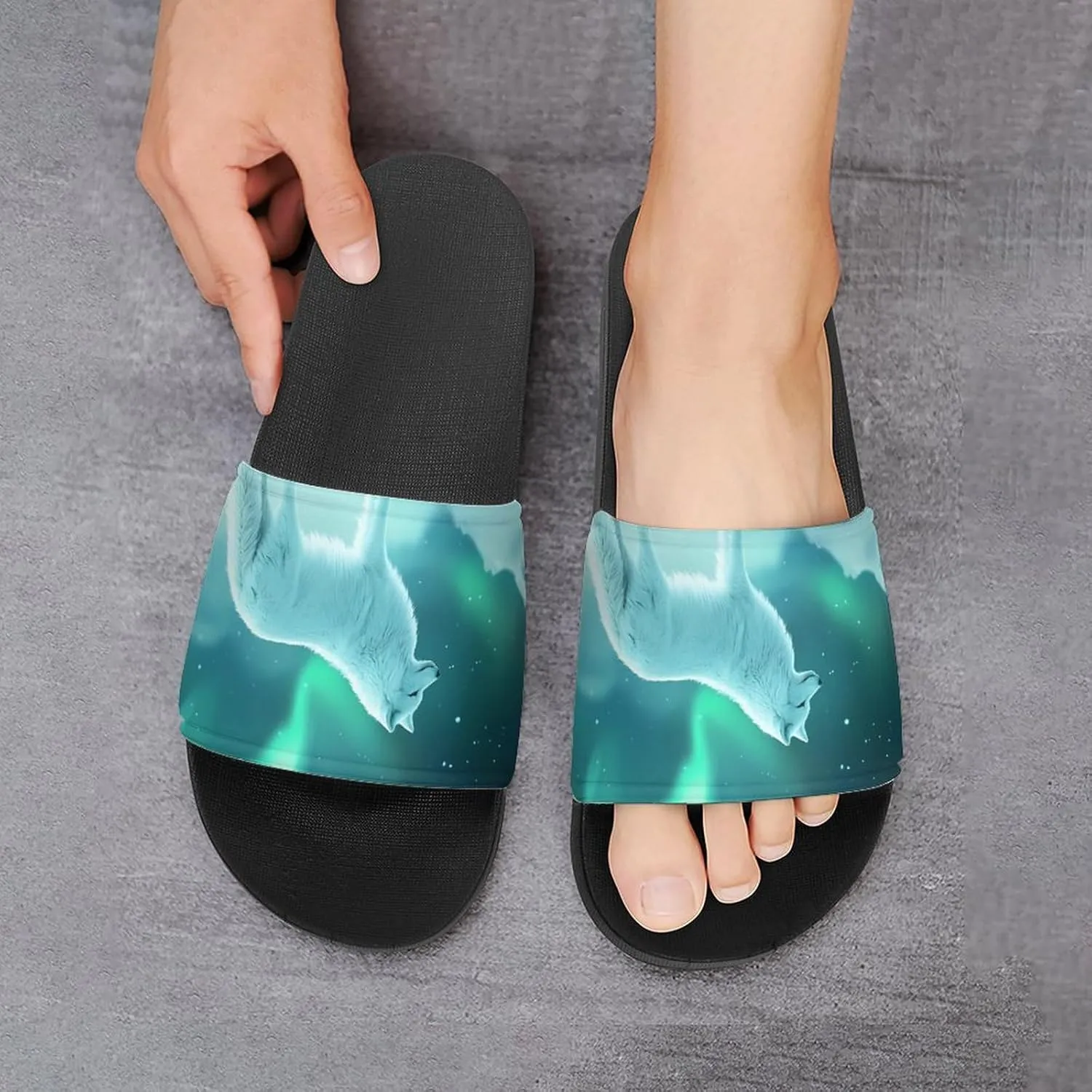 Snow Wolf with Aurora Borealis Shower Shoes Slippers PVC Non-Slip Home for Bathroom Beach Indoor Outdoor