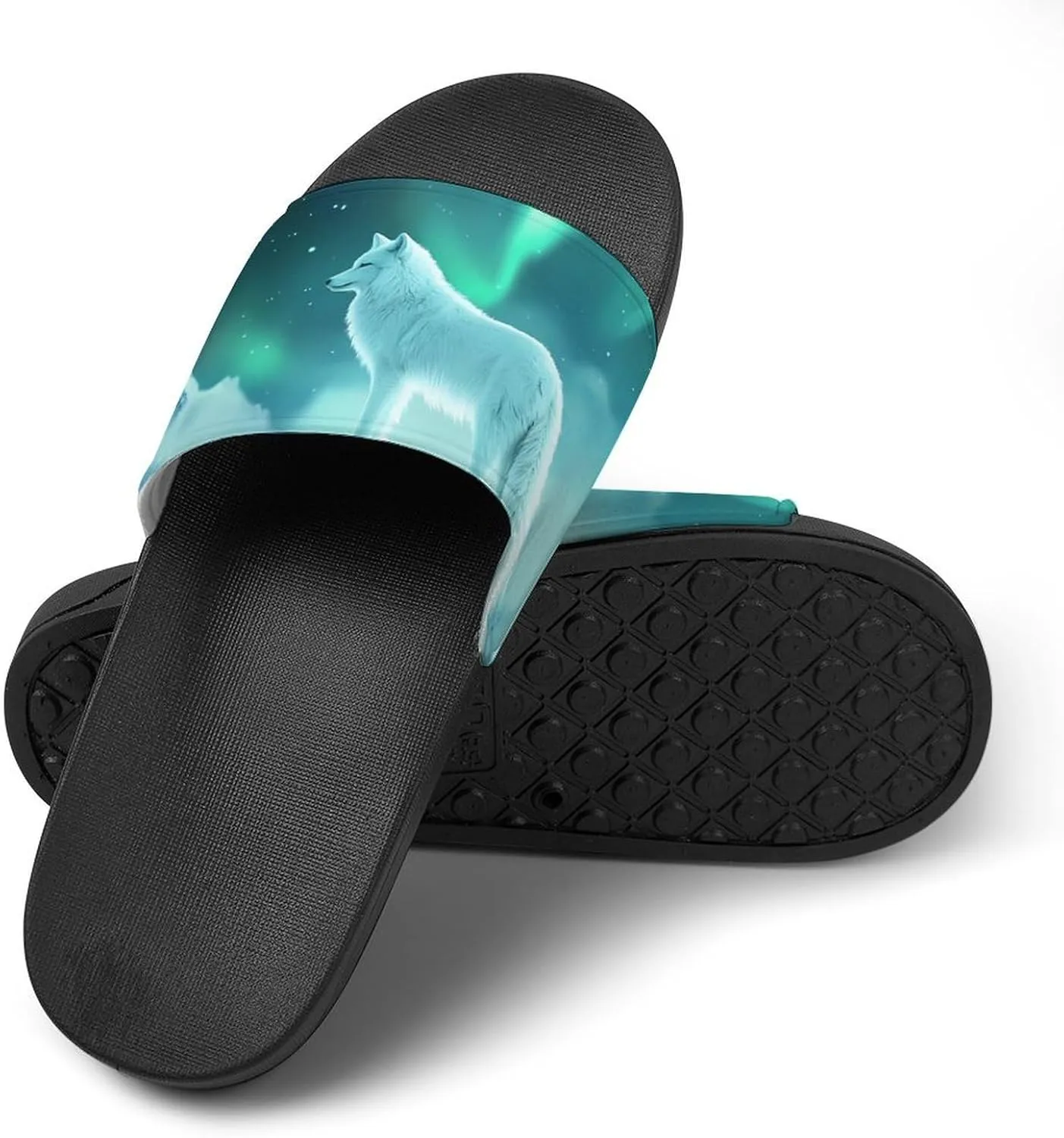 Snow Wolf with Aurora Borealis Shower Shoes Slippers PVC Non-Slip Home for Bathroom Beach Indoor Outdoor