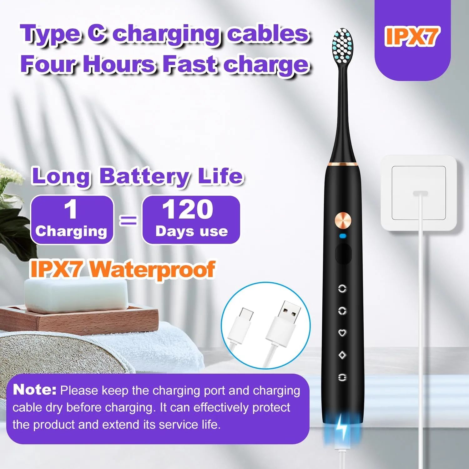 Sonic Electric Toothbrush for Adults and Kids, Rechargeable Toothbrush with 8 Brush Heads & Travel Case, 5 Modes & 2 Minute-Timer, 45000VPM Deep Clean, IPX7,One Fast Charge Last 120 Days - Black