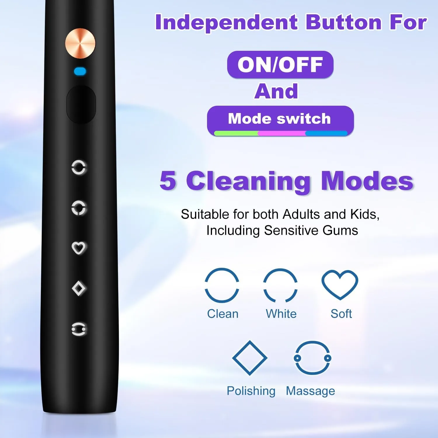 Sonic Electric Toothbrush for Adults and Kids, Rechargeable Toothbrush with 8 Brush Heads & Travel Case, 5 Modes & 2 Minute-Timer, 45000VPM Deep Clean, IPX7,One Fast Charge Last 120 Days - Black