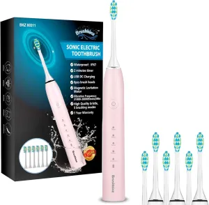 Sonic Electric Toothbrush Pink - 5 Modes with Smart Timer - Soft Bristle USB Rechargeable Toothbrush for Adults - Power Vibrating Toothbrush for Dental Oral Care (Textured Body)