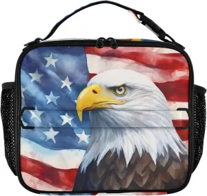 SPRIPORT Watercolor Hawk America Flag Insulated Lunch Box for Boys Girls Reusable Lunch Bag Soft Bag Mini Cooler with Adjustable Shoulder Strap Thermal Lunch Tote for Women Men Work School Picnic