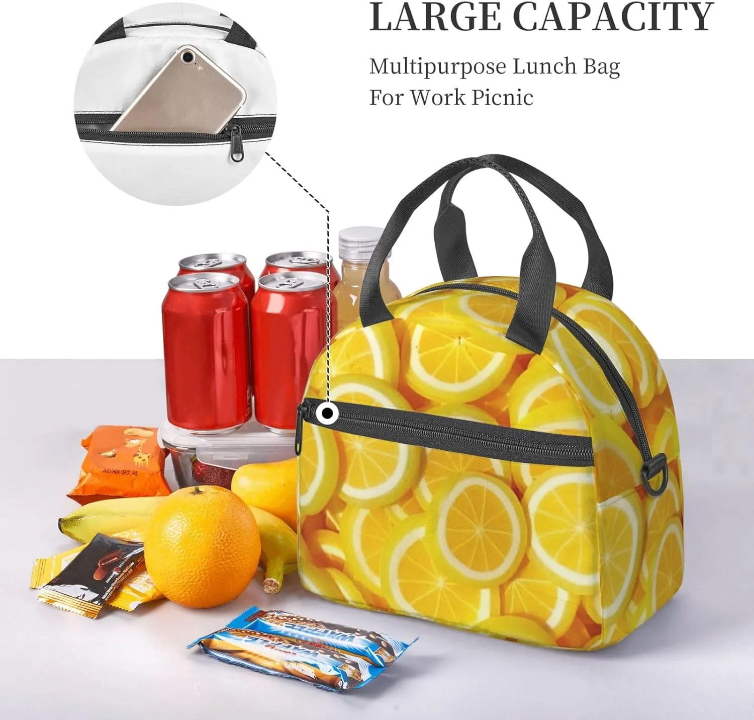 Stacked Lemon Slices Lunch Bag Hand Tote Crossbody Insulated Lunch Bag Large Portable Lunch Box