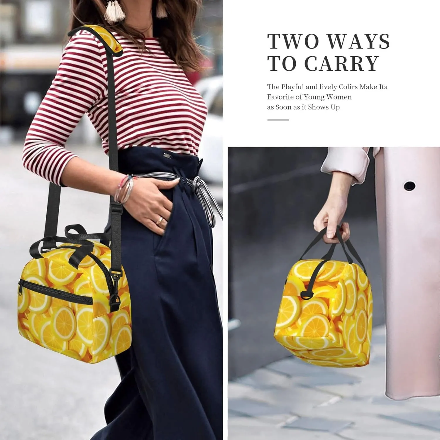 Stacked Lemon Slices Lunch Bag Hand Tote Crossbody Insulated Lunch Bag Large Portable Lunch Box