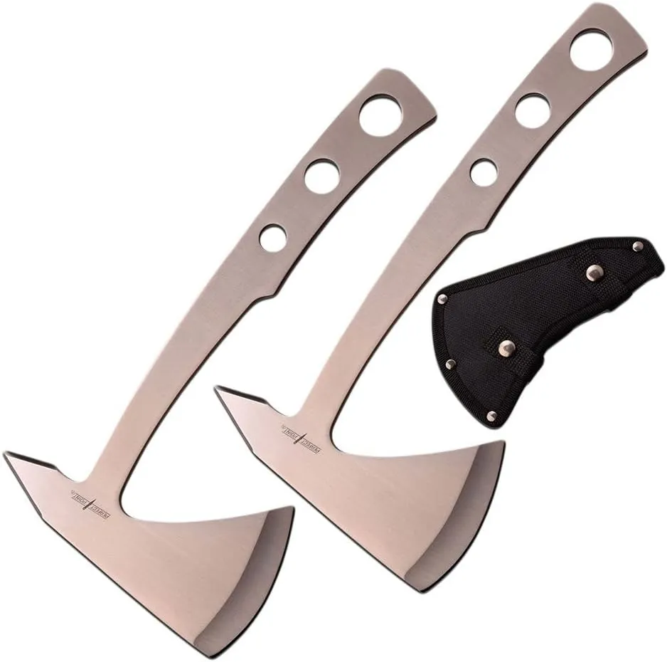 Stainless Steel Throwing Axe Set, 9.5 Inch Overall Length, 4mm Thick Blade, Satin Finish, 2-Pack with Nylon Sheath (Silver)