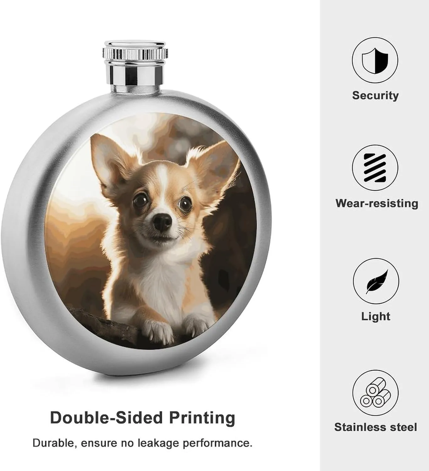 Stainless Steel Wine Bottle Liquor Container Cute Chihuahua Print Leak Proof Hip Flask Durable for Camping Hiking Travel Festivals