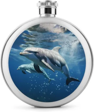 Stainless Steel Wine Bottle Liquor Container Cute Dolphins Print Leak Proof Hip Flask Durable for Camping Hiking Travel Festivals