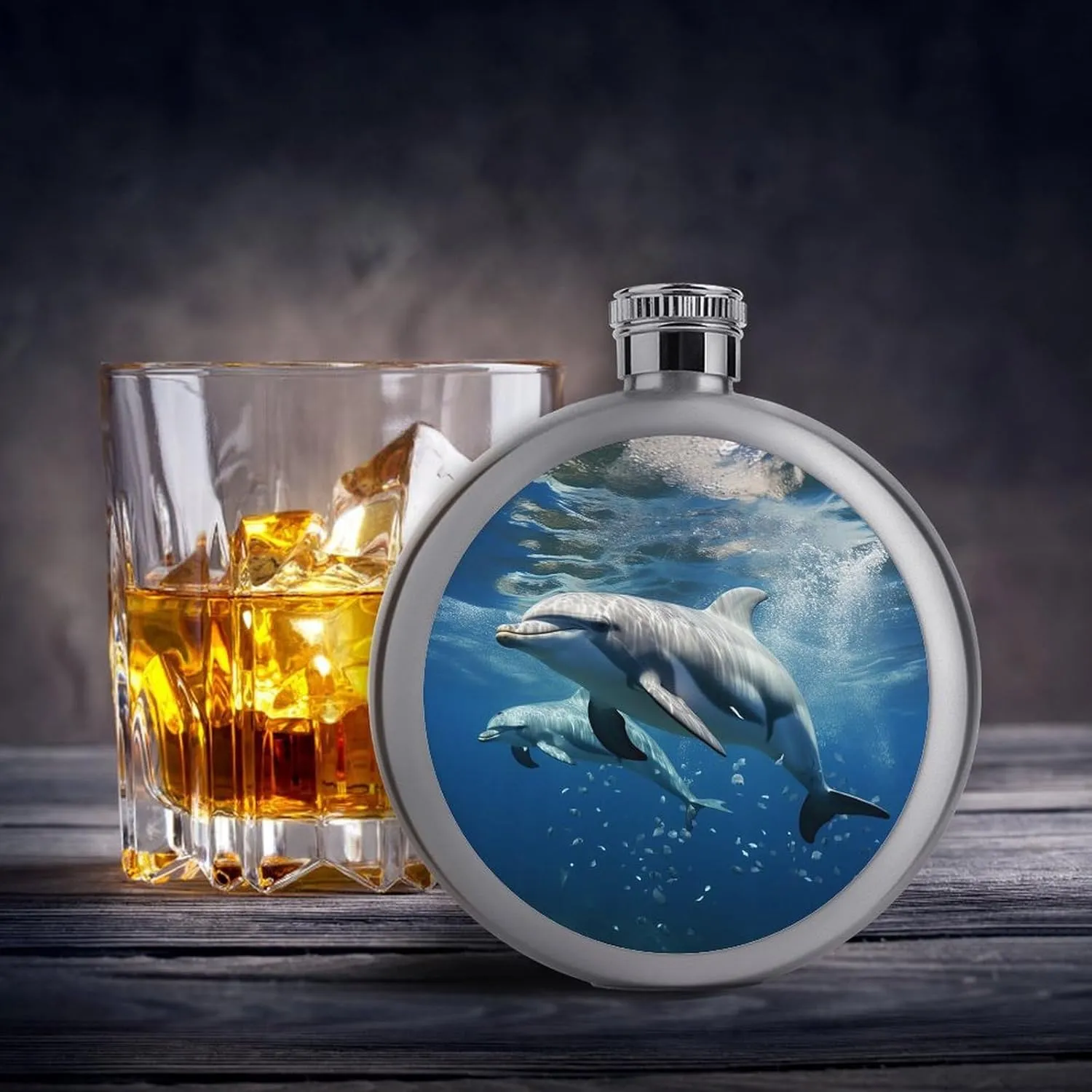 Stainless Steel Wine Bottle Liquor Container Cute Dolphins Print Leak Proof Hip Flask Durable for Camping Hiking Travel Festivals
