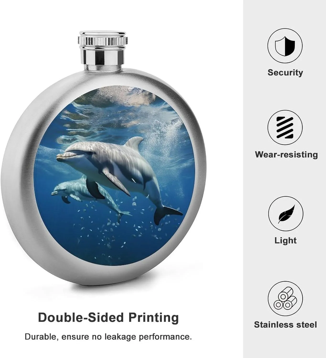 Stainless Steel Wine Bottle Liquor Container Cute Dolphins Print Leak Proof Hip Flask Durable for Camping Hiking Travel Festivals