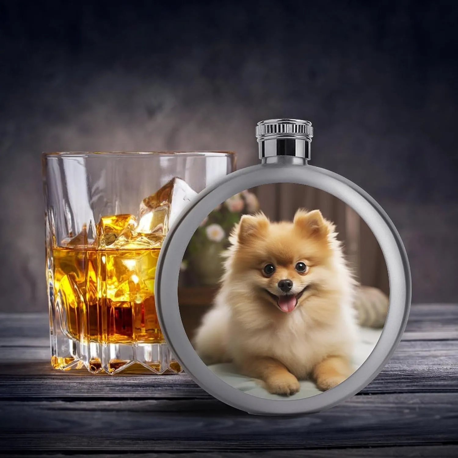 Stainless Steel Wine Bottle Liquor Container Cute Pomeranian Dog Print Leak Proof Hip Flask Durable for Camping Hiking Travel Festivals