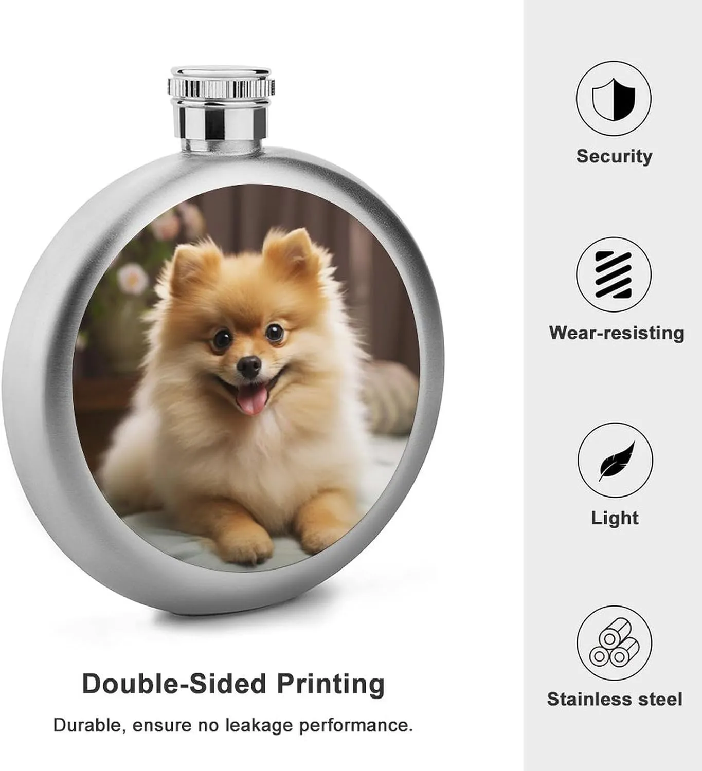 Stainless Steel Wine Bottle Liquor Container Cute Pomeranian Dog Print Leak Proof Hip Flask Durable for Camping Hiking Travel Festivals