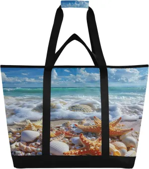 Starfish Shell Beach Reusable Insulated Cooler Bag with Ice Pack Compartment - Large 47L Waterproof Thermal Grocery Tote for Picnic Beach Camping Lunch Storage