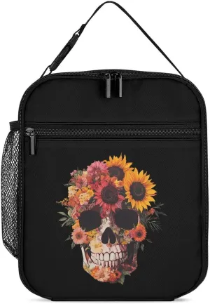 Sugar Skull Flowers Lunch Bag for Men Women Small Reusable Leakproof Insulated Lunch Box Adjustable Handbag