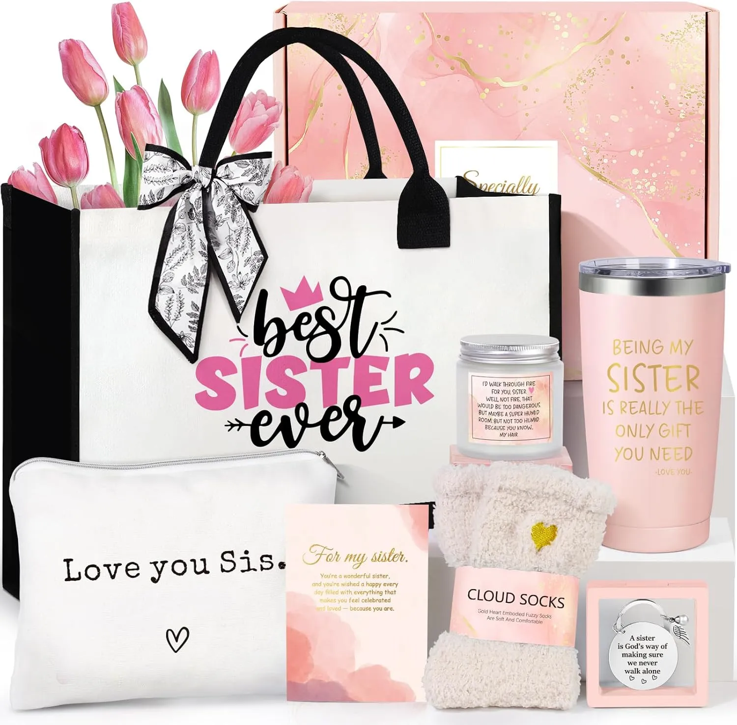 Suhctuptx Sisters Gifts from Sister, Sister Christmas Gifts, Sister Birthday Gifts, Best Sister Ever Gift Basket with Tote Bag, Love You Sister Unique Gifts Ideas for Sister, Sister in Law