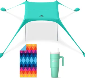 SUN NINJA Beach Shelter Bundle with Beach Towel and Insulated Tumbler, UPF 50  Sun Protection, Sand-Free Quick-Dry Microfiber Towel, Keeps Drinks Cold 12 Hours, Portable Easy Set Up