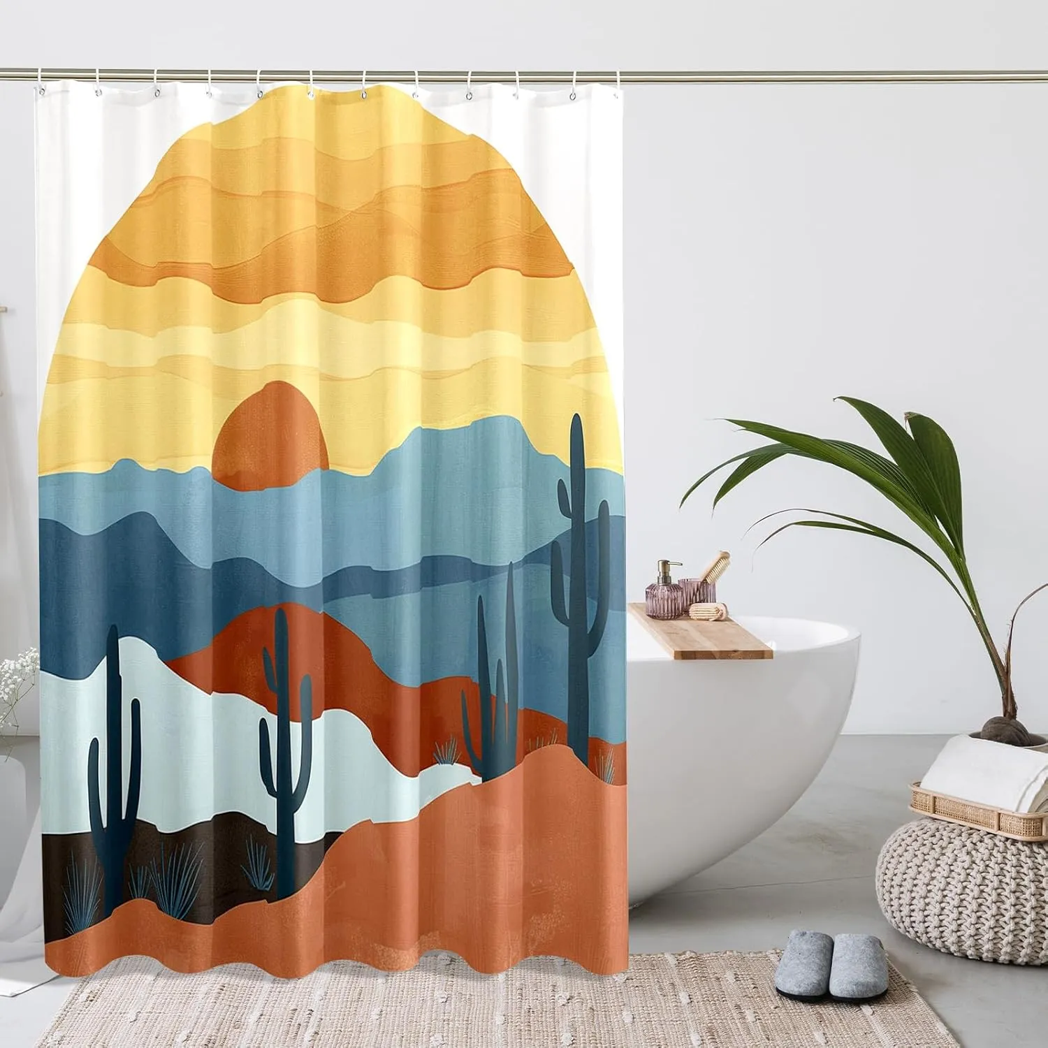 Sunset Shower Curtain, Desert Landscape Cactus Sunrise Scenery Indoor Decor, Autumn Modern Minimalistic Waterproof Fabric Shower Curtain Set with Hooks 72x78 Inch