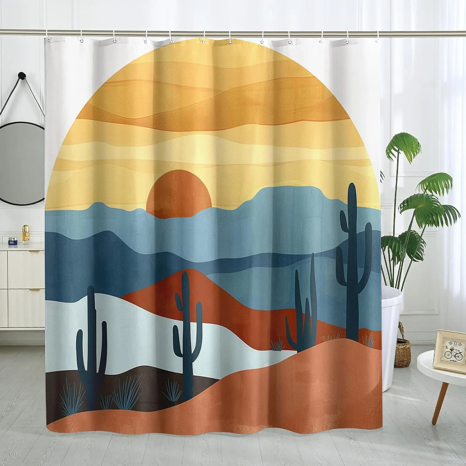 Sunset Shower Curtain, Desert Landscape Cactus Sunrise Scenery Indoor Decor, Autumn Modern Minimalistic Waterproof Fabric Shower Curtain Set with Hooks 72x78 Inch