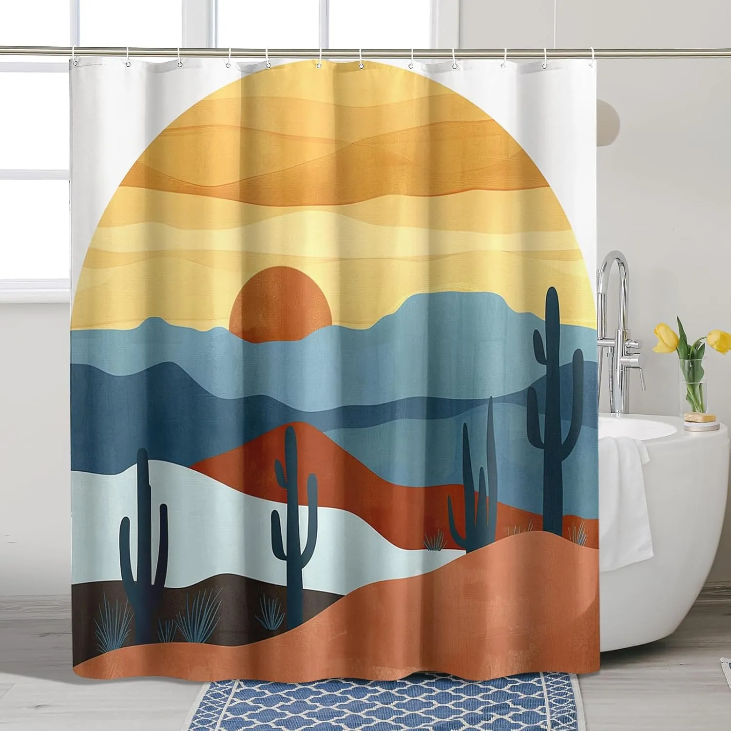Sunset Shower Curtain, Desert Landscape Cactus Sunrise Scenery Indoor Decor, Autumn Modern Minimalistic Waterproof Fabric Shower Curtain Set with Hooks 72x78 Inch