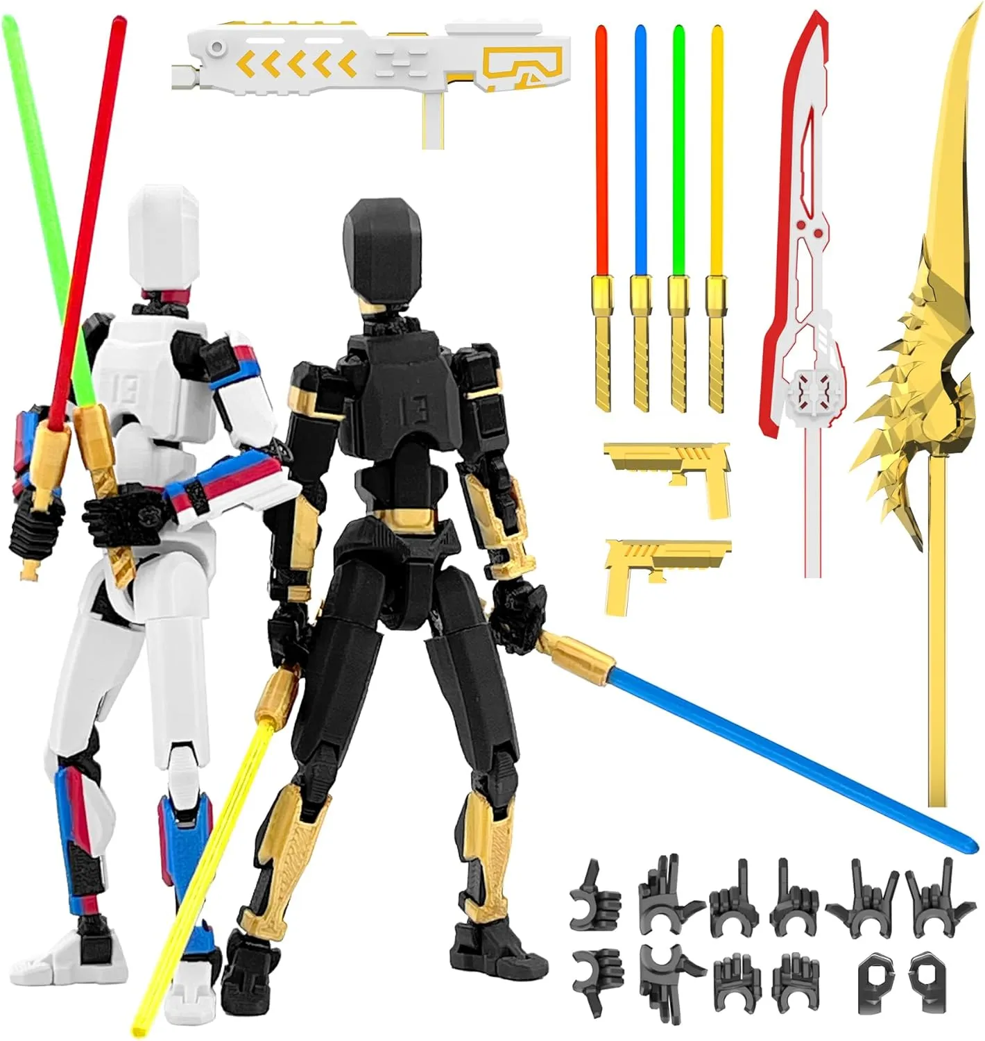 T13 Action Figure Already Assembled, 2-Pack Multi-Colored Titan 13 Action Figure Set Dummy with Laser Saber 3D Printed T 13 Lucky 13 Robo 13 Action Figures, Figura de acción t13, Black Gold White