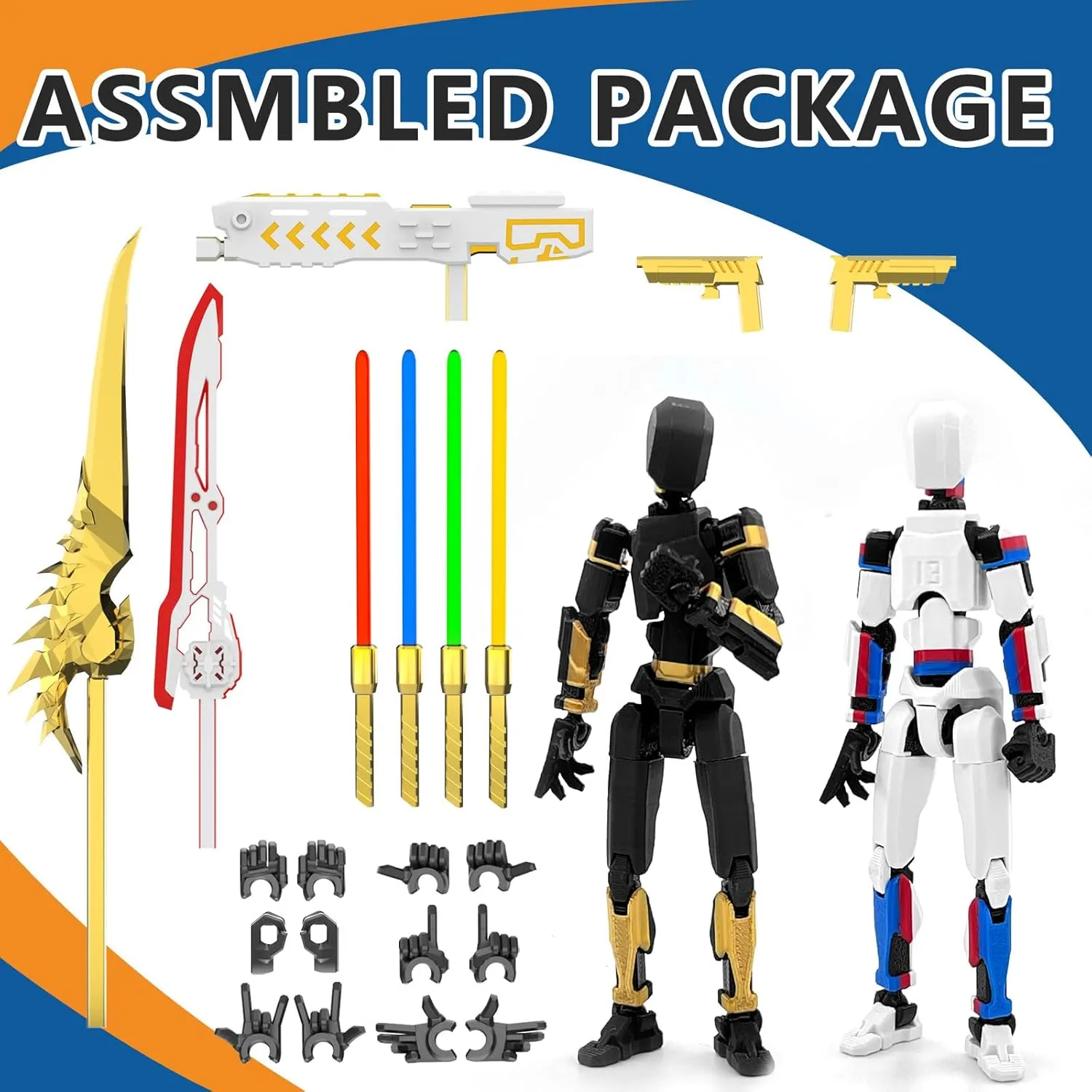 T13 Action Figure Already Assembled, 2-Pack Multi-Colored Titan 13 Action Figure Set Dummy with Laser Saber 3D Printed T 13 Lucky 13 Robo 13 Action Figures, Figura de acción t13, Black Gold White