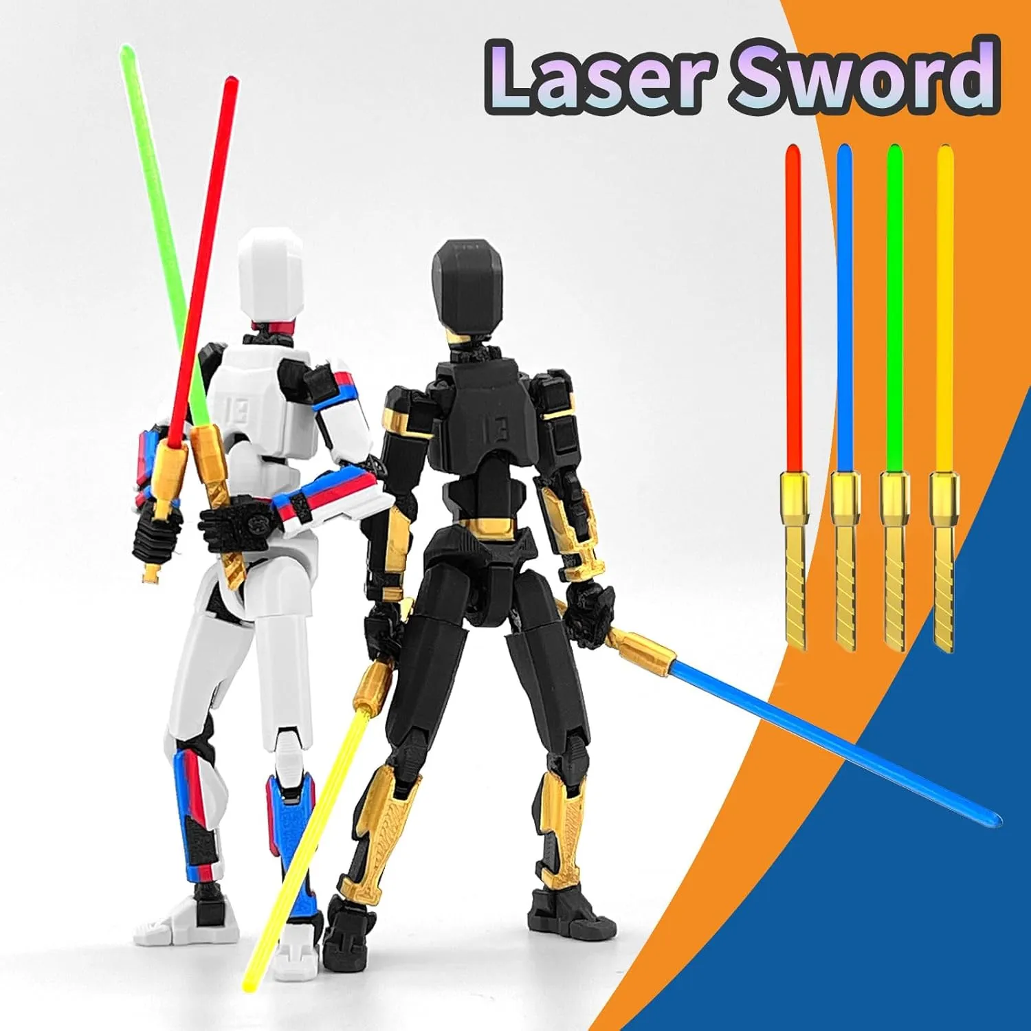 T13 Action Figure Already Assembled, 2-Pack Multi-Colored Titan 13 Action Figure Set Dummy with Laser Saber 3D Printed T 13 Lucky 13 Robo 13 Action Figures, Figura de acción t13, Black Gold White