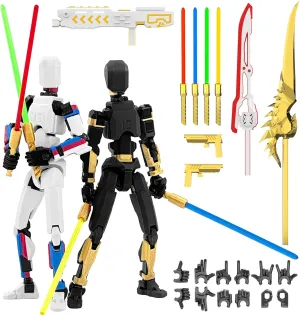 T13 Action Figure Already Assembled, 2-Pack Multi-Colored Titan 13 Action Figure Set Dummy with Laser Saber 3D Printed T 13 Lucky 13 Robo 13 Action Figures, Figura de acción t13, Black Gold White