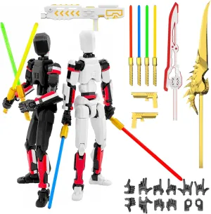 T13 Action Figure Already Assembled, 2-Pack Multi-Colored Titan 13 Action Figure Set Dummy with Laser Saber 3D Printed T 13 Lucky 13 Robo 13 Action Figures, Figura de acción t13, Black Red White