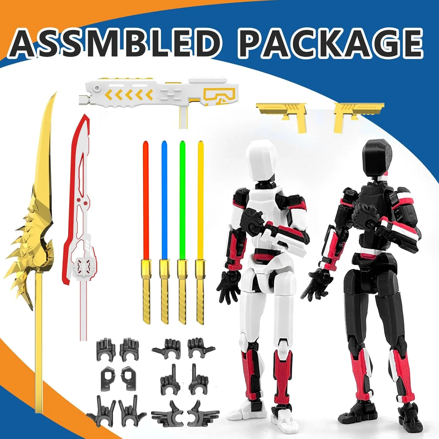 T13 Action Figure Already Assembled, 2-Pack Multi-Colored Titan 13 Action Figure Set Dummy with Laser Saber 3D Printed T 13 Lucky 13 Robo 13 Action Figures, Figura de acción t13, Black Red White