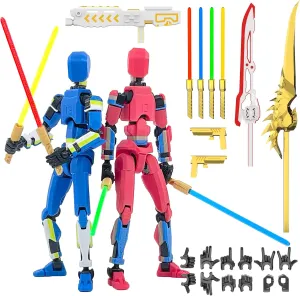 T13 Action Figure Already Assembled, 2-Pack Multi-Colored Titan 13 Action Figure Set Dummy with Laser Saber 3D Printed T 13 Lucky 13 Robo 13 Action Figures, Figura de acción t13, Red & Blue