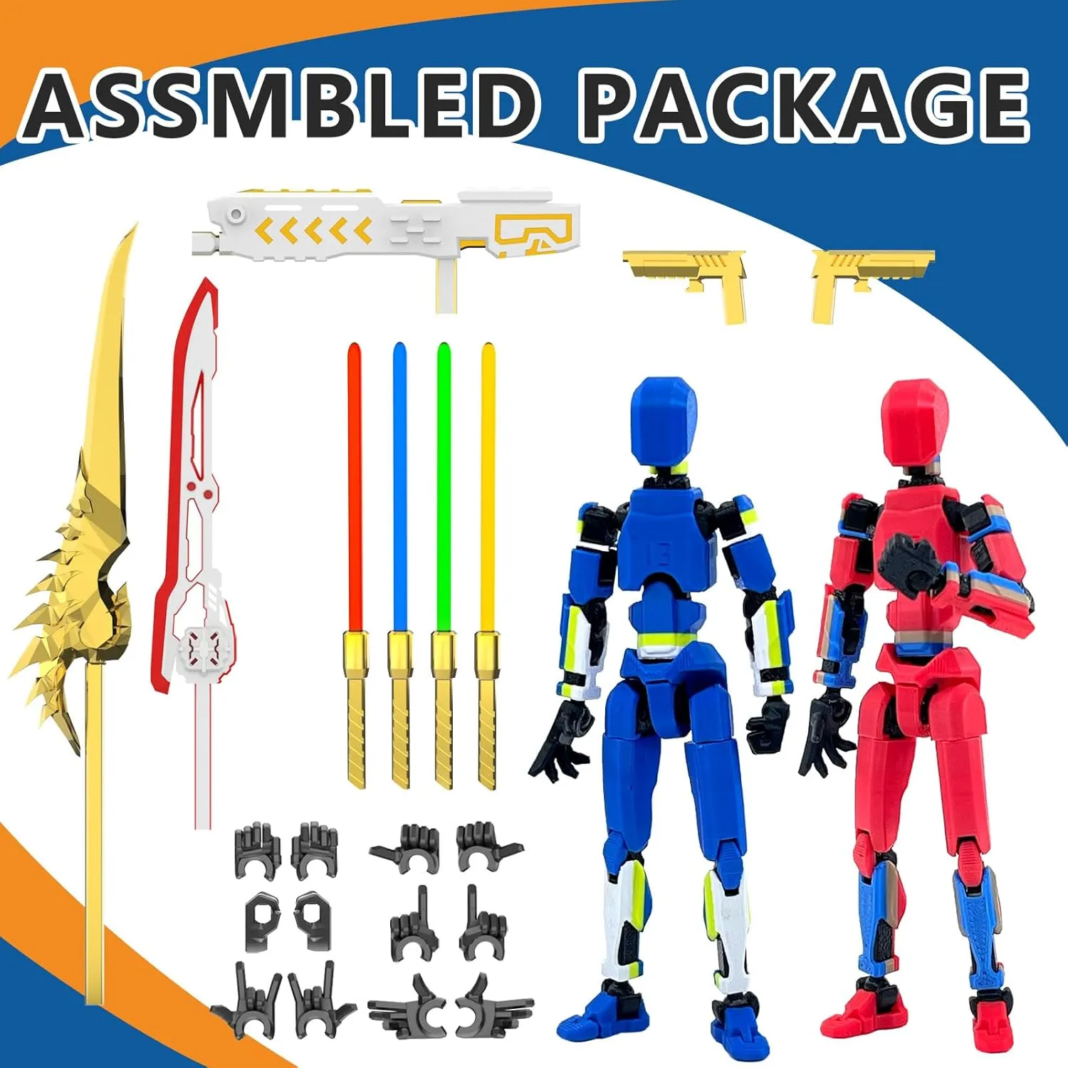T13 Action Figure Already Assembled, 2-Pack Multi-Colored Titan 13 Action Figure Set Dummy with Laser Saber 3D Printed T 13 Lucky 13 Robo 13 Action Figures, Figura de acción t13, Red & Blue