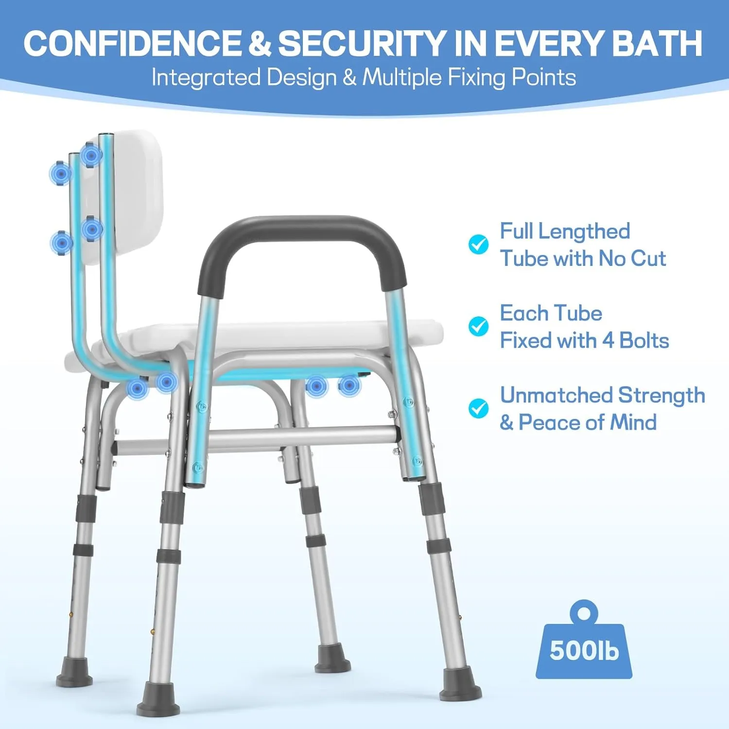 TABEKE Tub Transfer Bench for Bathtub, FSA/HSA Eligible 500lb Compact Shower Chair with Backrest & Padded Armrest, Height Adjustable Shower Bench W.Suction Cups, Shower Seat for Elderly and Disabled