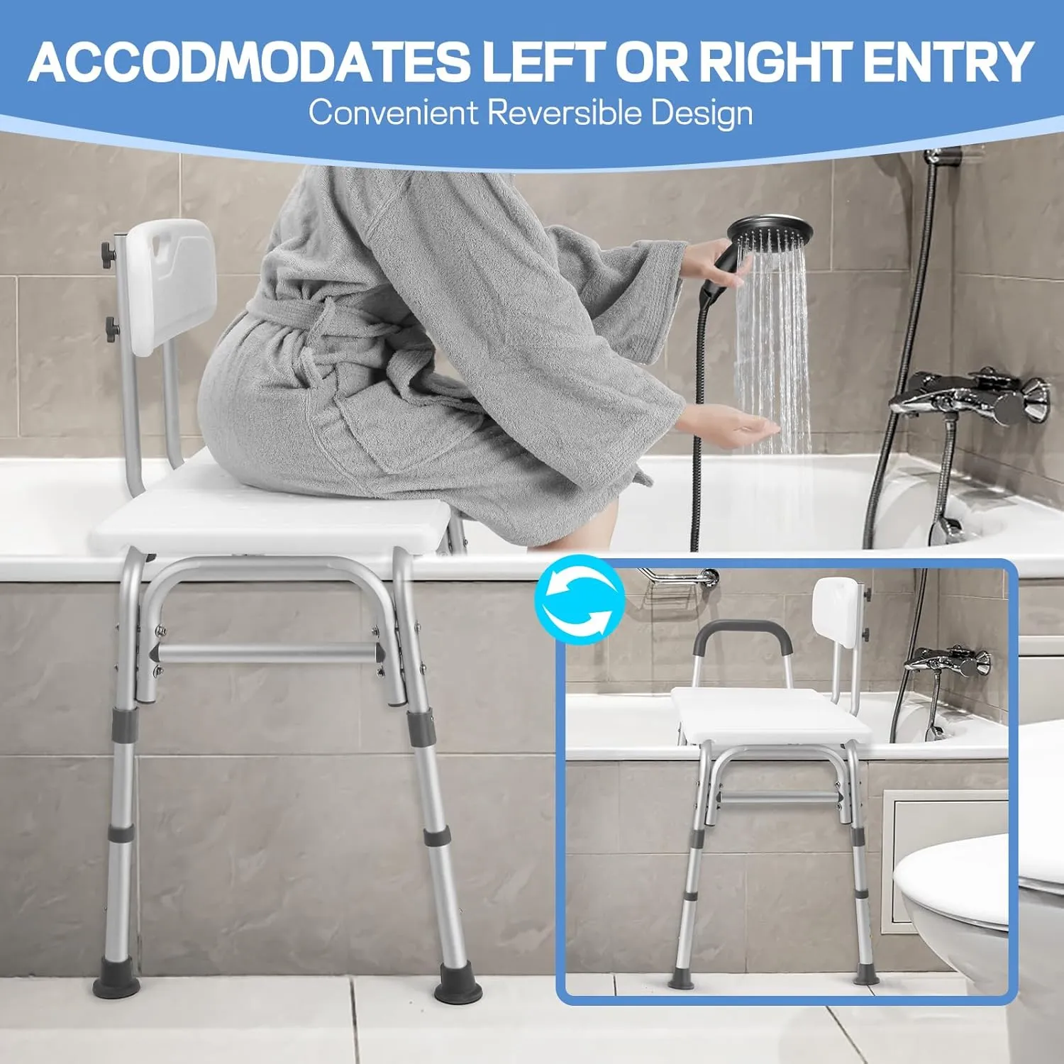 TABEKE Tub Transfer Bench for Bathtub, FSA/HSA Eligible 500lb Compact Shower Chair with Backrest & Padded Armrest, Height Adjustable Shower Bench W.Suction Cups, Shower Seat for Elderly and Disabled