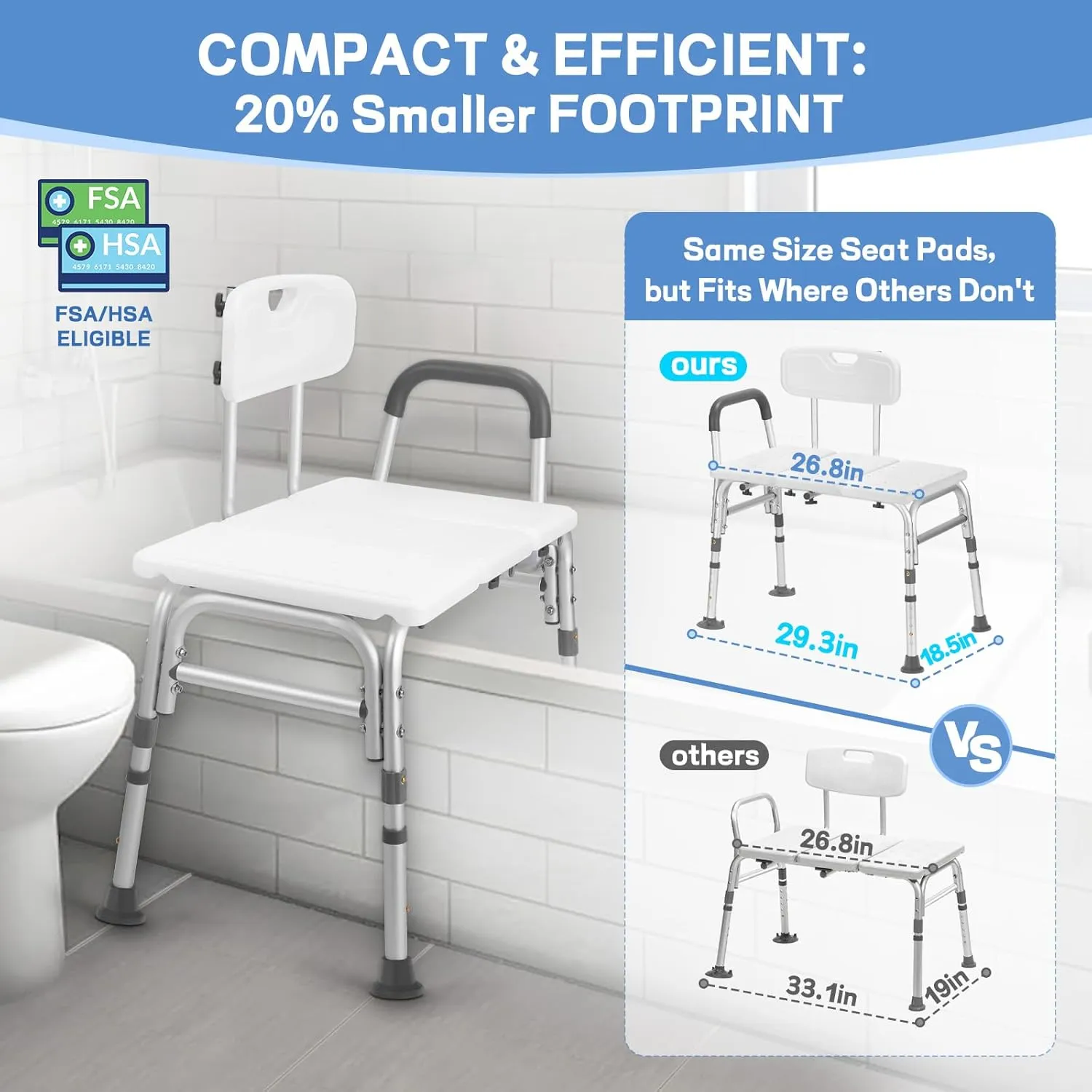 TABEKE Tub Transfer Bench for Bathtub, FSA/HSA Eligible 500lb Compact Shower Chair with Backrest & Padded Armrest, Height Adjustable Shower Bench W.Suction Cups, Shower Seat for Elderly and Disabled