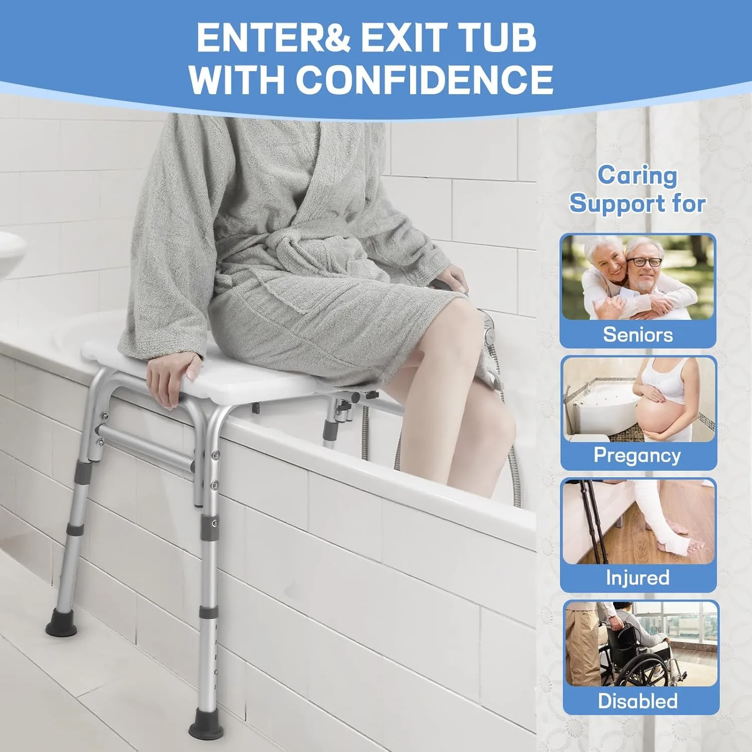 TABEKE Tub Transfer Bench for Bathtub, FSA/HSA Eligible 500lb Compact Shower Chair with Backrest & Padded Armrest, Height Adjustable Shower Bench W.Suction Cups, Shower Seat for Elderly and Disabled
