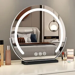 Tabletop Mirror For Makeup Desk, 360° Rotation, Semicircular Makeup Mirror With Lights, Lighted Vanity Mirror, Light Up Mirror With Smart Touch 3 Colors Dimmable ( Color : Black , Size : 45X46.5cm )