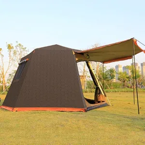 Tent 5-6 Person/Man, Camping Tent, Waterproof Pop Up Tent with Top Rainfly,Easy Setup with Large Mesh for Ventilation, Hexangular Double Layer Tent for Camping Hiking Picnic (Color : Brown)