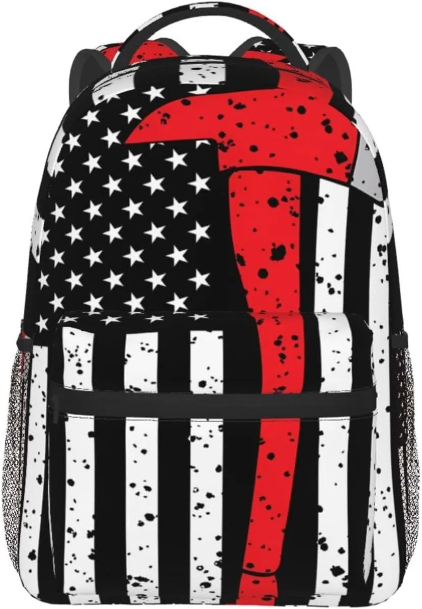Thin Red Line Axe American Flag Patriot Firefighter Backpack Casual Laptop Backpack Double Shoulder Bag Lightweight Backpack For Women Men Travel