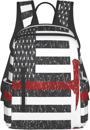 Thin Red Line Axe American Flags Patriot Firefighter Casual Backpacks Laptop Backpack Outdoor Travel Rucksack Sport Carry-On Daypack Lightweight Bag with Multi-Pockets
