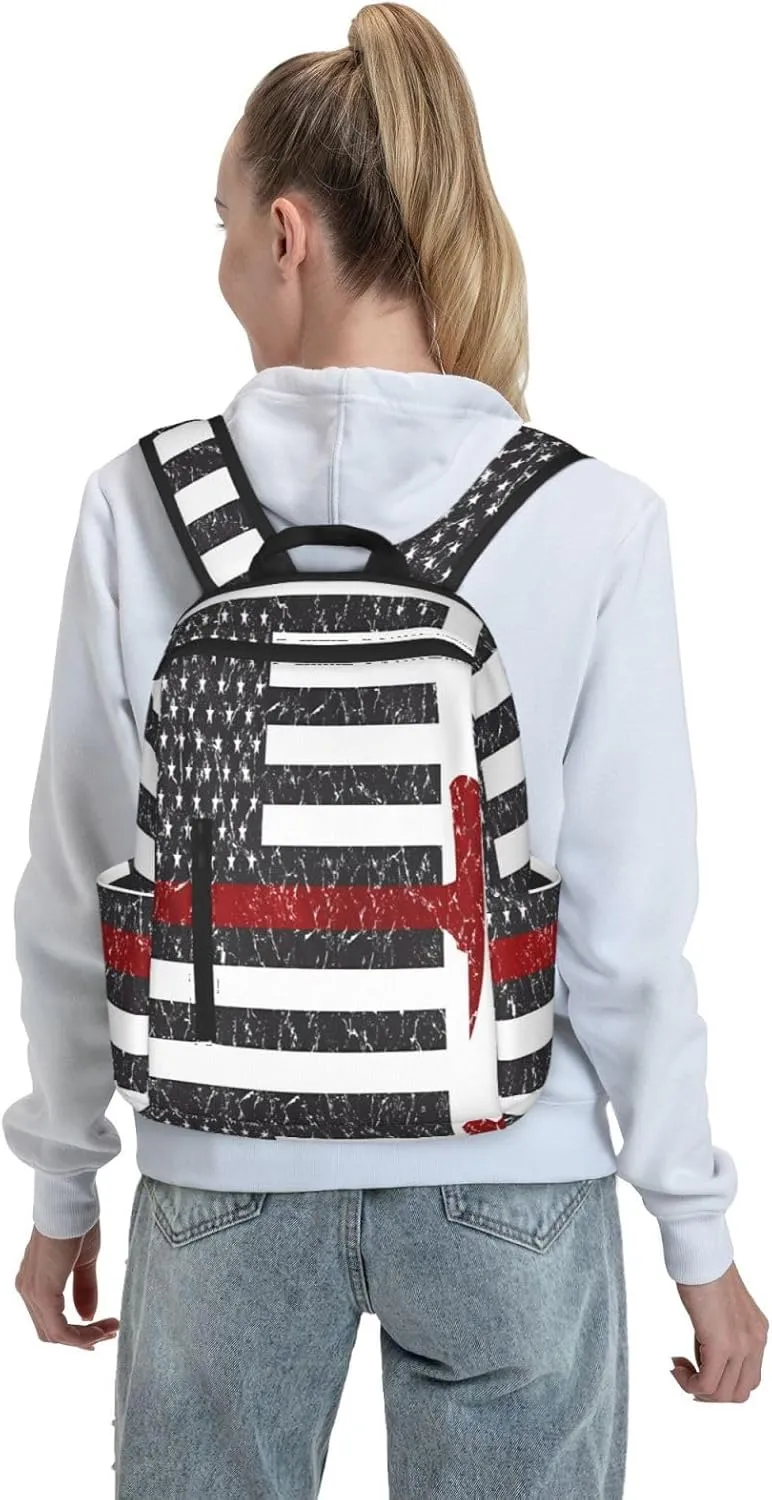 Thin Red Line Axe American Flags Patriot Firefighter Casual Backpacks Laptop Backpack Outdoor Travel Rucksack Sport Carry-On Daypack Lightweight Bag with Multi-Pockets