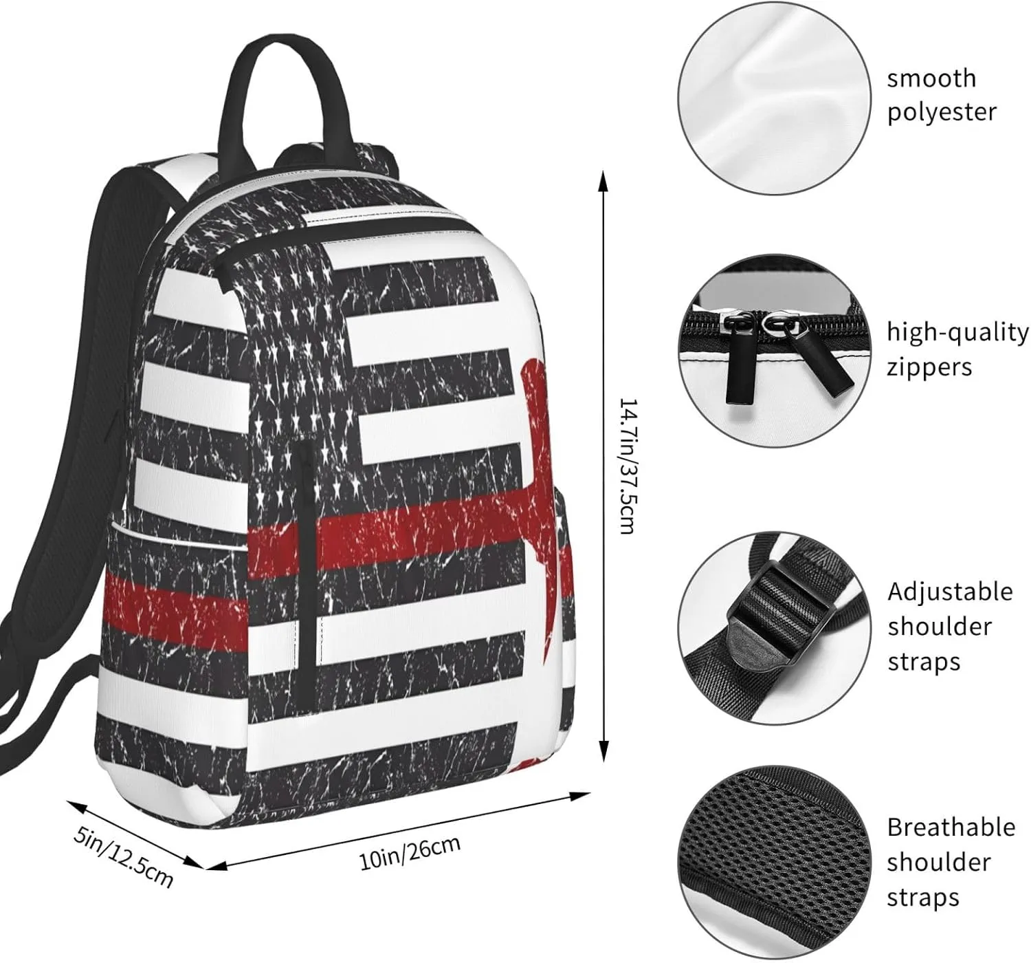 Thin Red Line Axe American Flags Patriot Firefighter Casual Backpacks Laptop Backpack Outdoor Travel Rucksack Sport Carry-On Daypack Lightweight Bag with Multi-Pockets