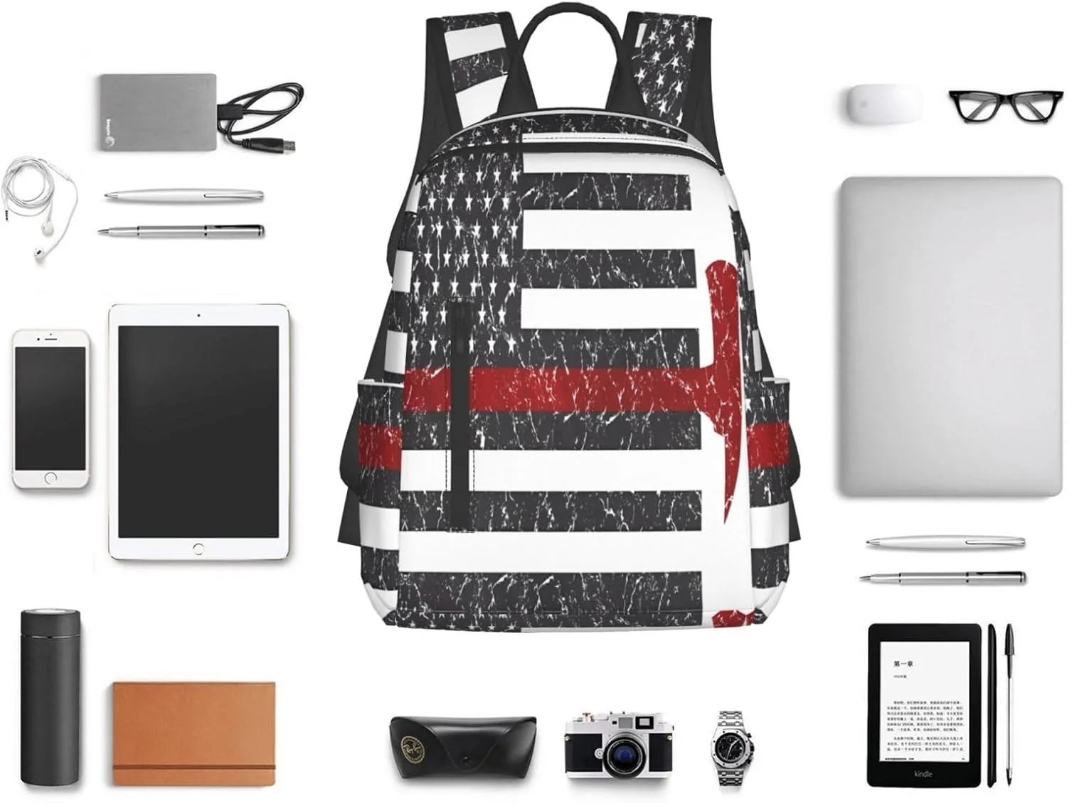 Thin Red Line Axe American Flags Patriot Firefighter Casual Backpacks Laptop Backpack Outdoor Travel Rucksack Sport Carry-On Daypack Lightweight Bag with Multi-Pockets